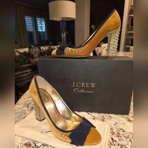 J. Crew Gold and Tan Heels with Navy Accents